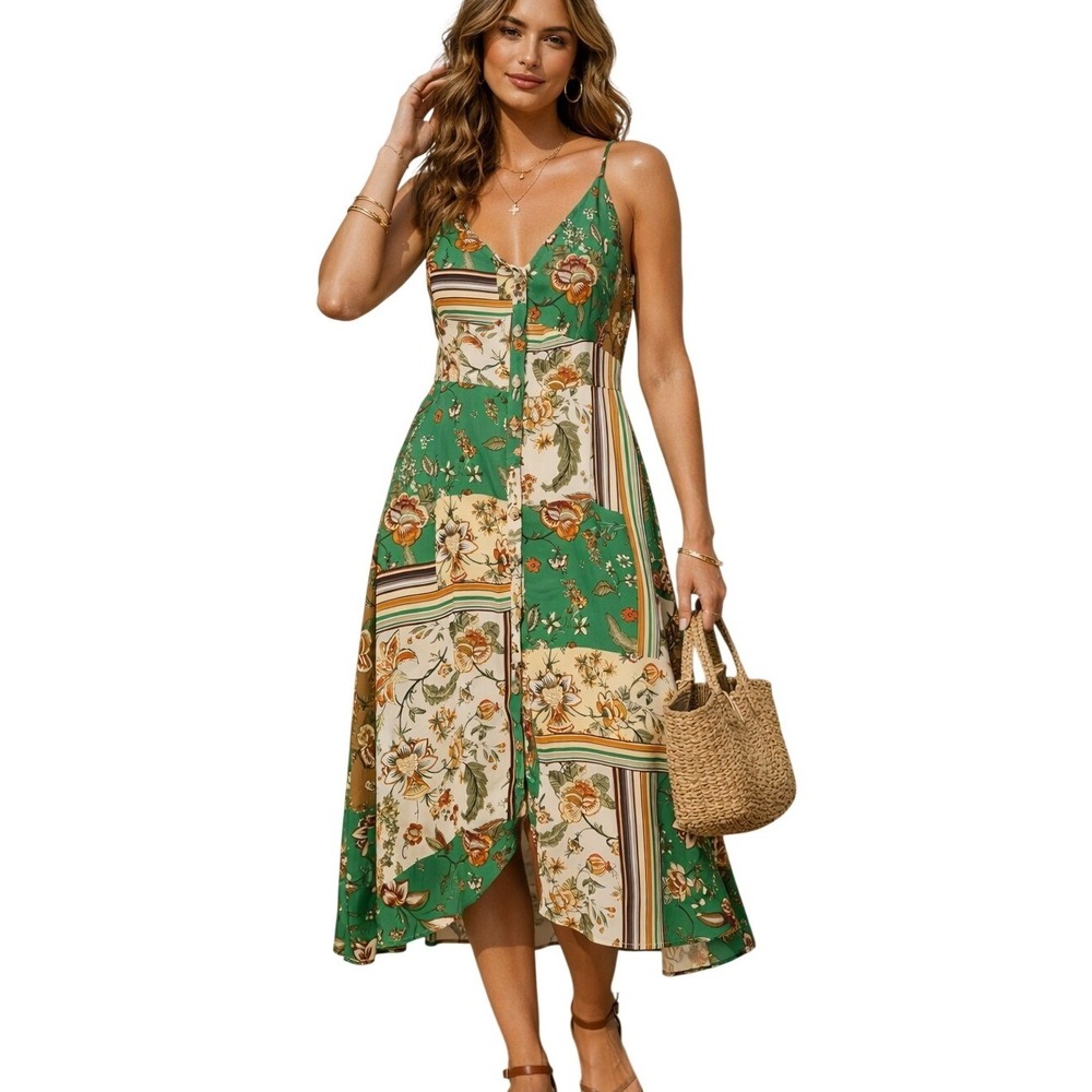 Moon River Floral Patchwork Midi Dress‎ Green Tan Cream Boho Button Front Large